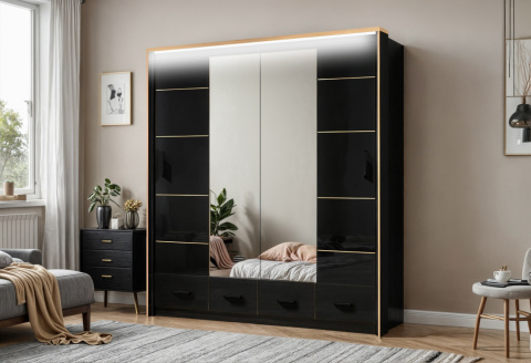 Szafa przesuwna Sevilla czarna 203 cm z lustrem i oświetleniem LED
