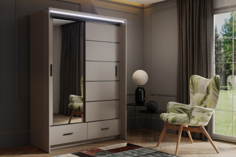 Szafa przesuwna Rubi 153 cm zoświetleniem LED, lustrem i szufladami w kolorze glina Szafa przesuwna Rubi 153 cm zoświetleniem LED, lustrem i szufladami w kolorze glina
